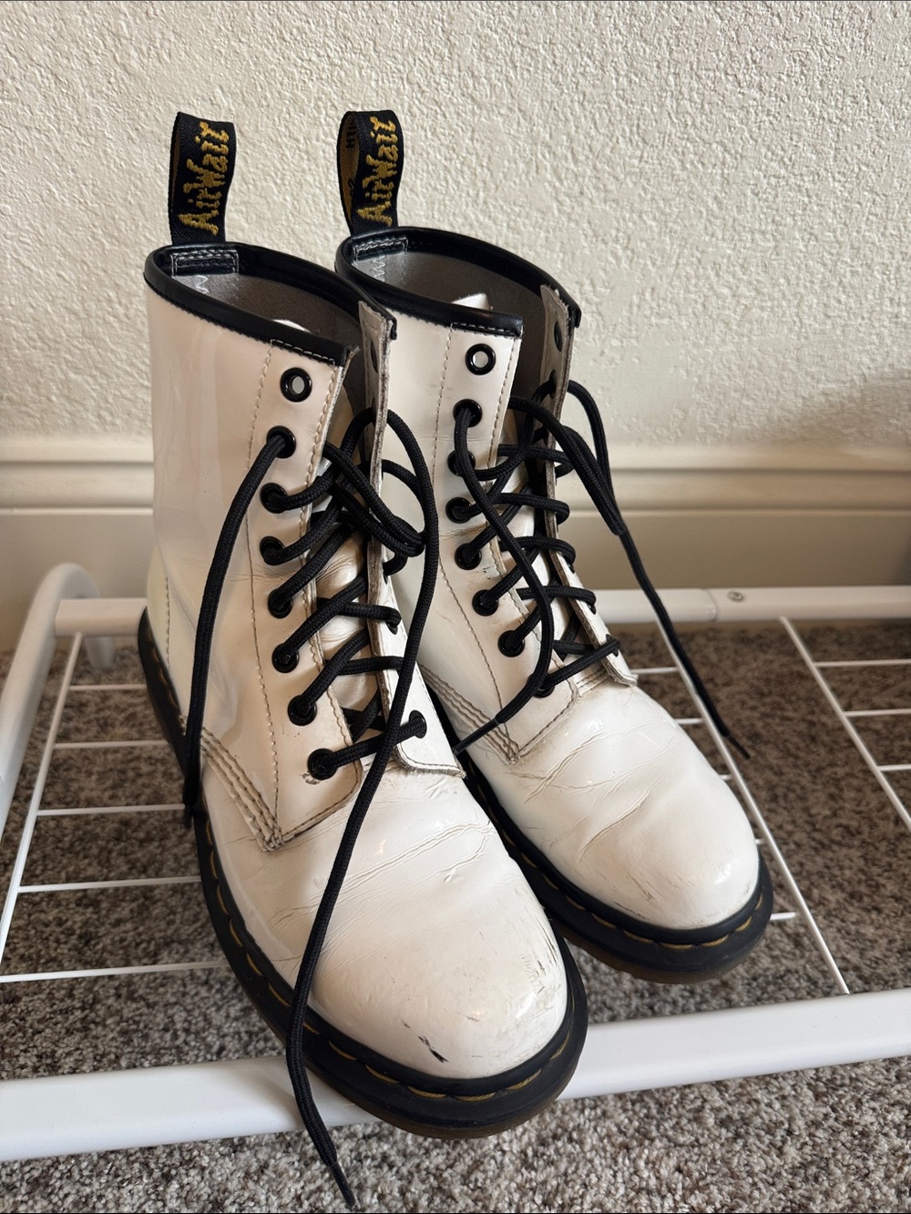 Dr. Martens White Patent Lace-Up Boots with Black Trim